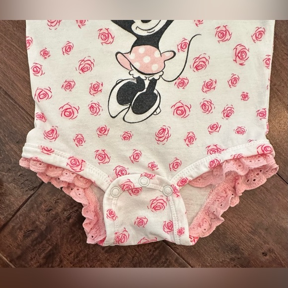Disney Parks 3M Minnie Mouse Graphic Pink Roses Eyelet Ruffles Cotton Onesie - Picture 6 of 10
